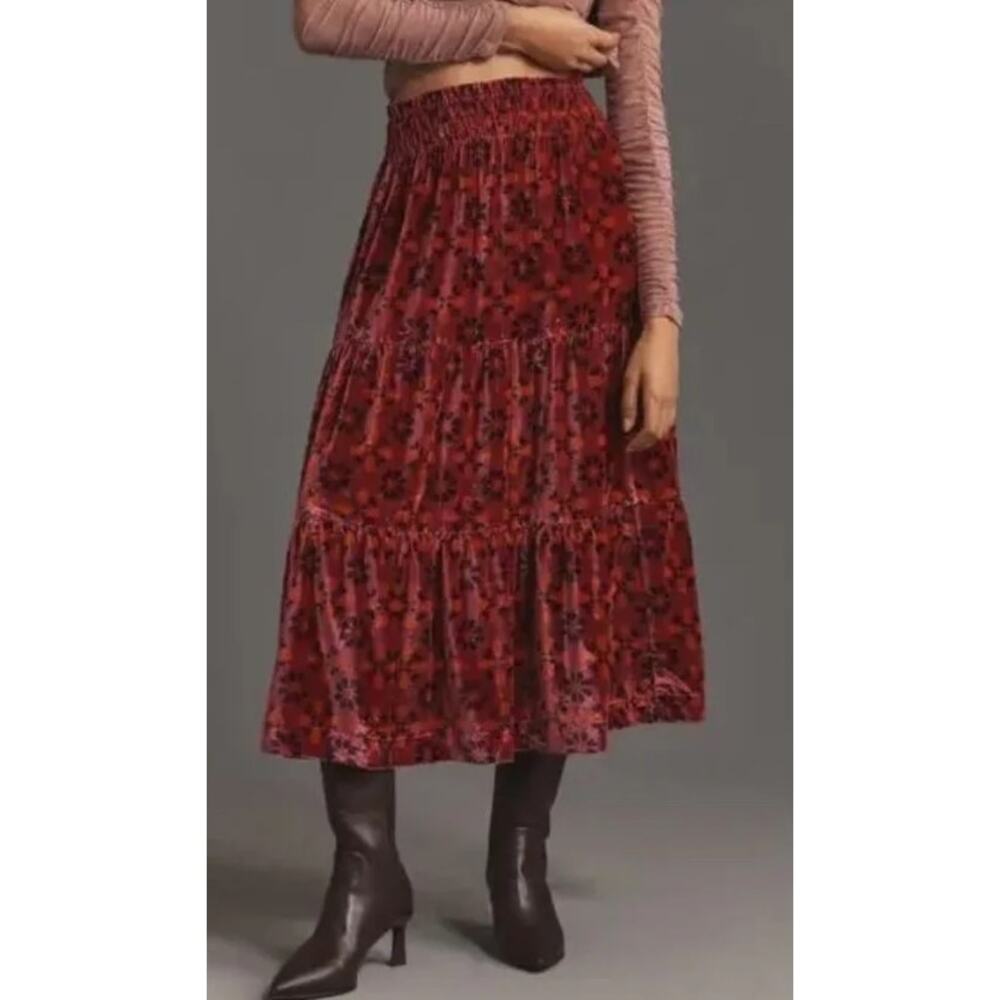 ANTHROPOLOGIE purple orange velvet tiered Somerset boho maxi skirt nina pace